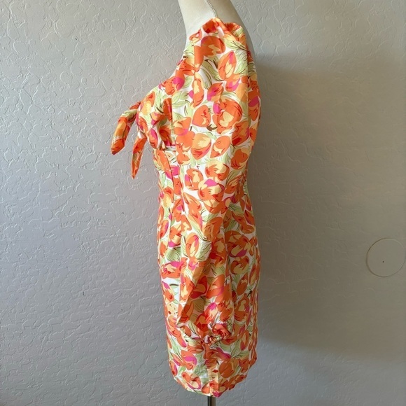 Cider Orange Floral Long Puff Sleeve Tie Front Mini Dress Resort Vacation Size S - Picture 2 of 12